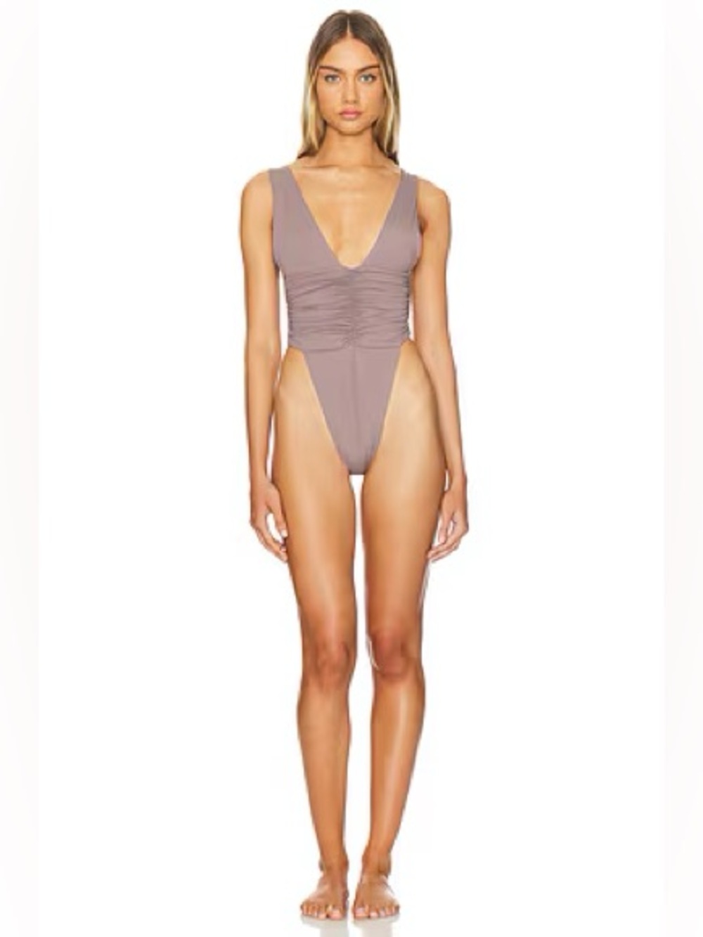 Riot Swim Echo One Piece Swimsuit Taupe Plunge High Cut Size S